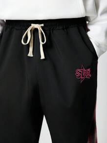 ROMWE MEN Street Life 男士休闲格子拼接星星字母刺绣长裤，日常穿着 - 彩色 - 查看 4