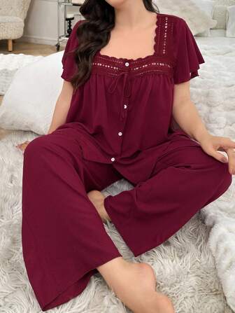 Plus Size Women Hollow Lace Patchwork Square Neck Ruffle Sleeve Top & Pants Sleepwear Set, Outfits