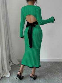 Elenzga Women's Solid Color Round Neck Long Sleeve Casual Backless Tie Knit Sweater Dress - Green - View 3