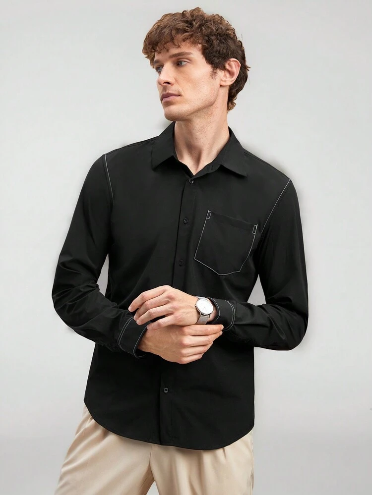 New Men's Casual Fitted Woven Long-Sleeved Shirt