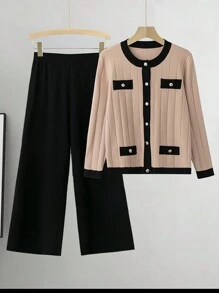 Linhara Plus Size Solid Color Patchwork Front Button Up Long Sleeve Top & Pants Set, Minimalist Fall Winter Cloth For Women