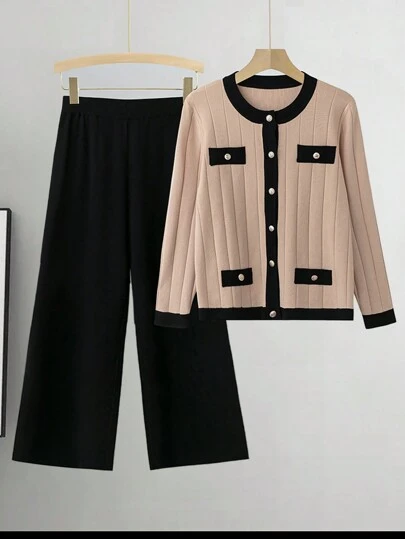 Linhara Große Größen Einfarbiges Patchwork-Set mit Knopfleiste vorne, Langarm-Top und Hose, minimalistisch