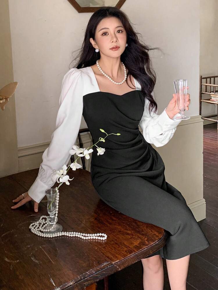 Contrast Color Splice Sweetheart Neck Ruched Waist Long Sleeve Dress For Women,Fall Clothes