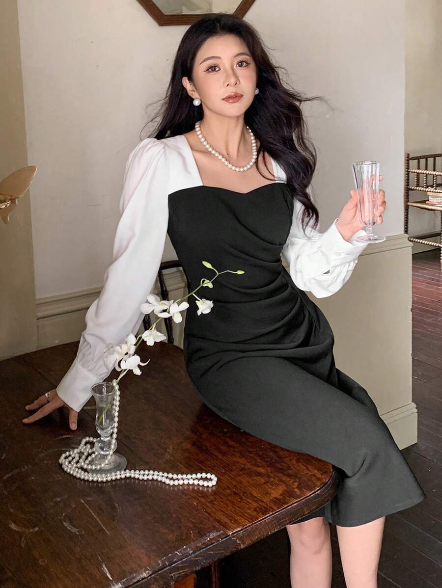 DAZY Contrast Color Splice Sweetheart Neck Ruched Waist Long Sleeve Dress For Women,Fall Clothes