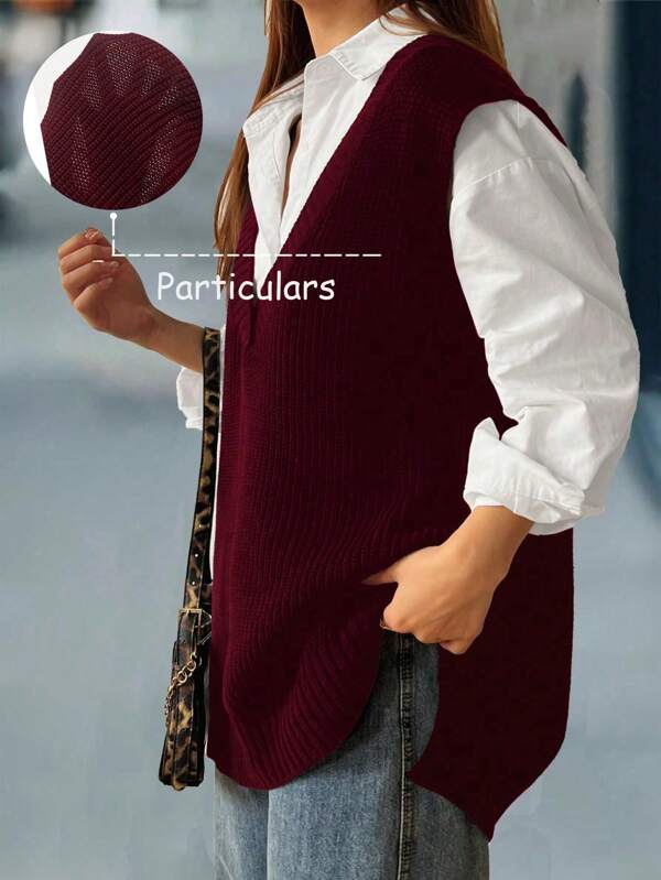 EMERY ROSE Plus Size Solid Color Sleeveless Simple Knitted Sweater Vest, Casual Daily Wear, For Thanksgiving Winter Fall Autumn