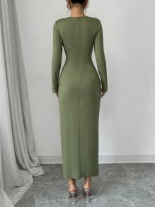 Selianne Women's Elegant Work Commute Solid Color Form-Fitting Round Neck Folding Collar Long Sleeve Bodycon Dress, Spring/Autumn/Winter Maxi Women Outfit Fall Cloth For Women