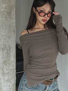 DAZY Áo thun nữ dài tay, kiểu trễ vai, thắt eo, ôm sát, thích hợp mặc mùa thu. - Màu Khaki - Xem 7