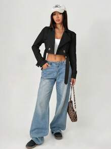 SHEIN PETITE Damski płaszcz typu trencz z wyciętymi klapami i guzikami z przodu, z długim rękawem, na co dzień - Czarne - Zobacz 6