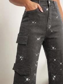 Denimoi Jeans rectos de mezclilla negra con bolsillo con solapa y rhinestones para mujer, pantalones cargo, para salir, fiestas, conciertos country, festivales rave, ropa de club - Gris Oscuro - Ver 2