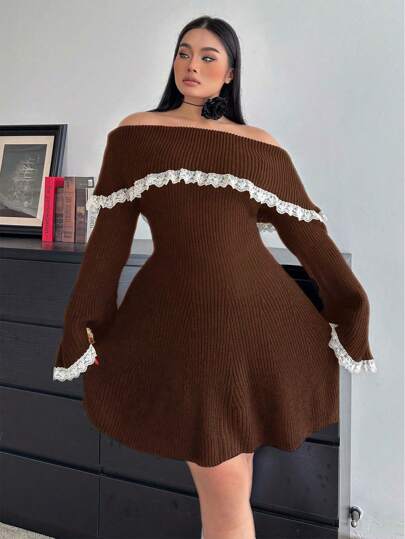 SHEIN MOOSTA Plus Size Elegant Color Block Lace Trim Off Shoulder Flared Sleeve Sweater Dress, Autumn/Winter