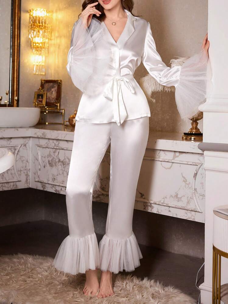LuxeNights Conjunto de pijama con top de manga acampanada con empalme de malla y pantalones, con corbata de solapa de seda sintética, ropa de otoño e invierno - Blanco - Añade 3
