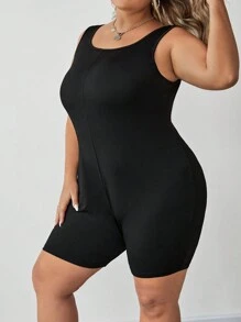 SHEIN CURVE+ Bộ đồ liền thân không tay cổ vuông màu trơn cỡ lớn - màu đen - Xem 7