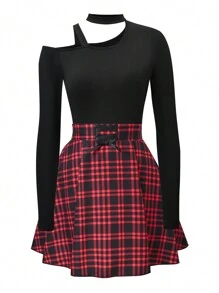 SHEIN Explorewe Set da 2 pezzi per ragazze adolescenti composto da maglietta a maniche lunghe con scollo profondo e gonna mini a quadri con fiocco, adatto per raduni e feste