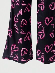 SHEIN Explorewe Pantaloni sportivi casual da ragazza adolescente per uso quotidiano, con vita elastica, stampa a cuori, pannelli in patchwork, gambe a zampa, pantaloni della tuta di moda per l'autunno e San Valentino - nero - Visualizzare 3