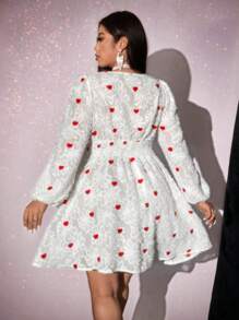 Viva Relle Váy ngắn thường ngày họa tiết trái tim cổ chữ V dài tay cỡ lớn, ngày lễ tình nhân - trắng - Xem 6