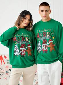 Manfinity VCAY Printed Digital Graphic Loose Fit Drop Shoulder Crew Neck Sweatshirt, Christmas Going Out Graphic Long Sleeve Forest Green Sweatshirt, For Friends, Husband, Boyfriend Gifts, For Fall Winter - Green - View 4