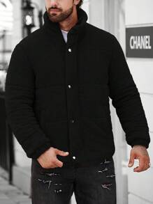 Manfinity Homme Loose Fit Men's Long Sleeve Snap Button Front Teddy Padded Coat, Men Winter Coat, Black Puffer Outerwear, For Fall - Black - View 7