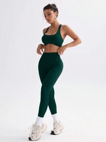 Easithlete Women's Solid Color Wide Strap Simple Top And Long Pants Casual Sports Suit Workout Women Set Women Leggings Set - Dark Green - View 5