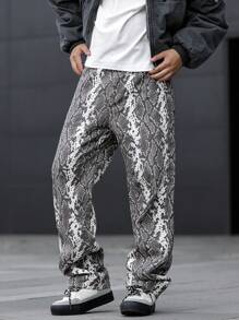 Manfinity Homme Men's Snakeskin Print Loose Wide-Leg Jeans - Grey - View 3