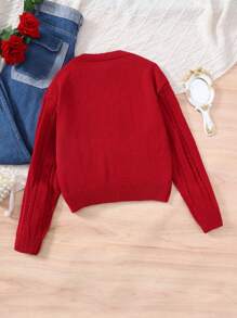 SHEIN Tween Girl Red And Black Ribbon Bow Decor Retro Textured Cardigan,Autumn Casual School Back-To-School Round Neck Loose Long Sleeve Sweater For Kids - Burgundy - View 2