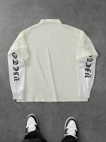 Manfinity Campus Court 男士运动学院 INS 篮球球衣网眼面料超大 23 号印花长袖纽扣领二合一米色网球 Polo 衫、平纹针织衬衫、纽扣式网球 Polo 衫、23 号衬衫、号码衬衫、衬衫 Y2k，适合秋季 - 彩色 - 查看 8