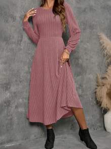 EMERY ROSE 圆领、长袖、灯笼袖、大裙摆长裙、中长款女装、秋季女装、冬季女装 - 粉色 - 查看 4