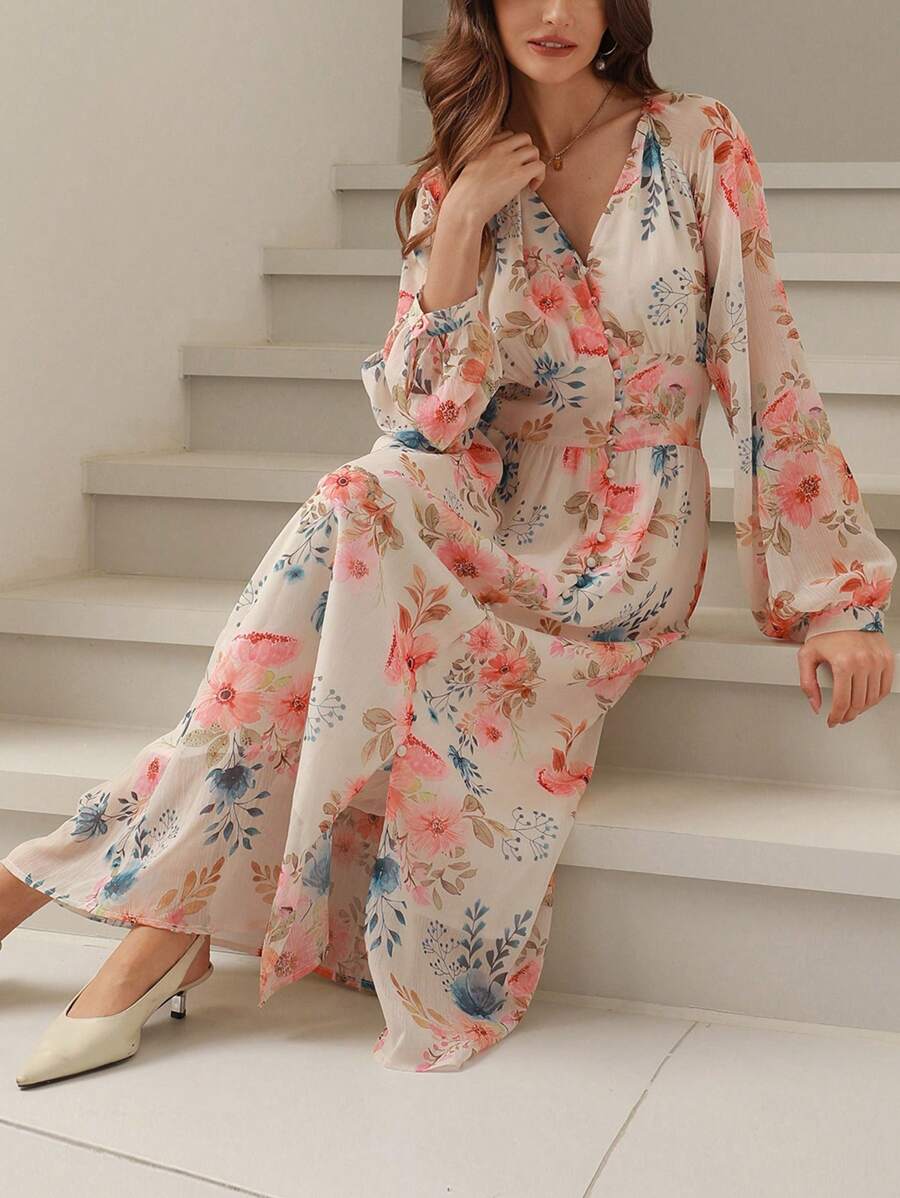 Aveloria Rosie 优雅法式花园花卉轻质雪纺连衣裙，配 PU 腰带，立领，长袖，及踝长，春秋情人节 - 彩色 - 查看 1