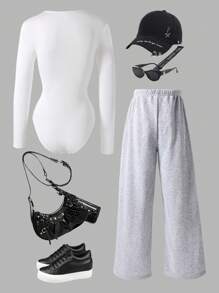SHEIN Lunivi 2pcs Teen Girls All-Match Versatile Elegant 3D Bow Trim Fitted Long Sleeve Top And Waistband Bow Printed Wide Leg Pants Outfit Set, Suitable For Outings, Autumn And Spring