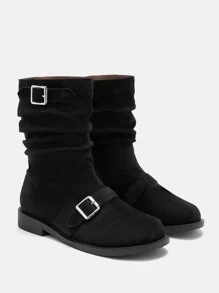CUCCOO BIZCHIC Botas negro de media pantorrilla con detalles de botones rizado, botas de mujer estilo caballero, plataforma de tacón plano de tacón grueso, botas de motociclista