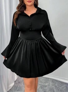 Celure Plus Size Elegant Solid Color Flared Sleeves Waist A-Line Dress