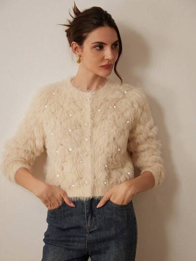 Aveloria Modichic V-Neck Studded Diamond Pattern Faux Mink Elegant Cardigan Sweater For Women  Fall Winter Cloth For Women