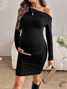 SHEIN Váy mini dài tay màu đen xếp ly vai bất đối xứng mới cho mùa thu dành cho phụ nữ, dáng ôm vừa vặn cho bà bầu - màu đen - Xem 3