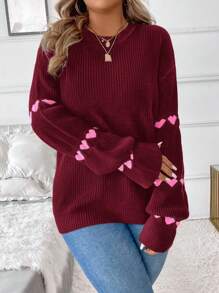 SHEIN Clasi Plus Size Heart Pattern Ruffle Trim Sweater