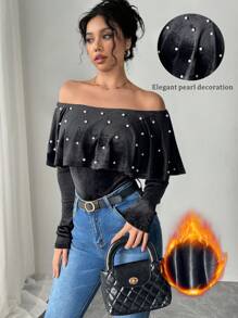 Chiquease 优雅荷叶边荷叶边饰珍珠装饰女式紧身衣