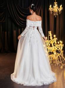 Glamrae 优雅奢华露肩透明长袖刺绣蕾丝贴花网眼荷叶边连衣裙，带拖尾，适合婚礼、派对、度假、舞会、宴会（刺绣） - 米色 - 查看 1