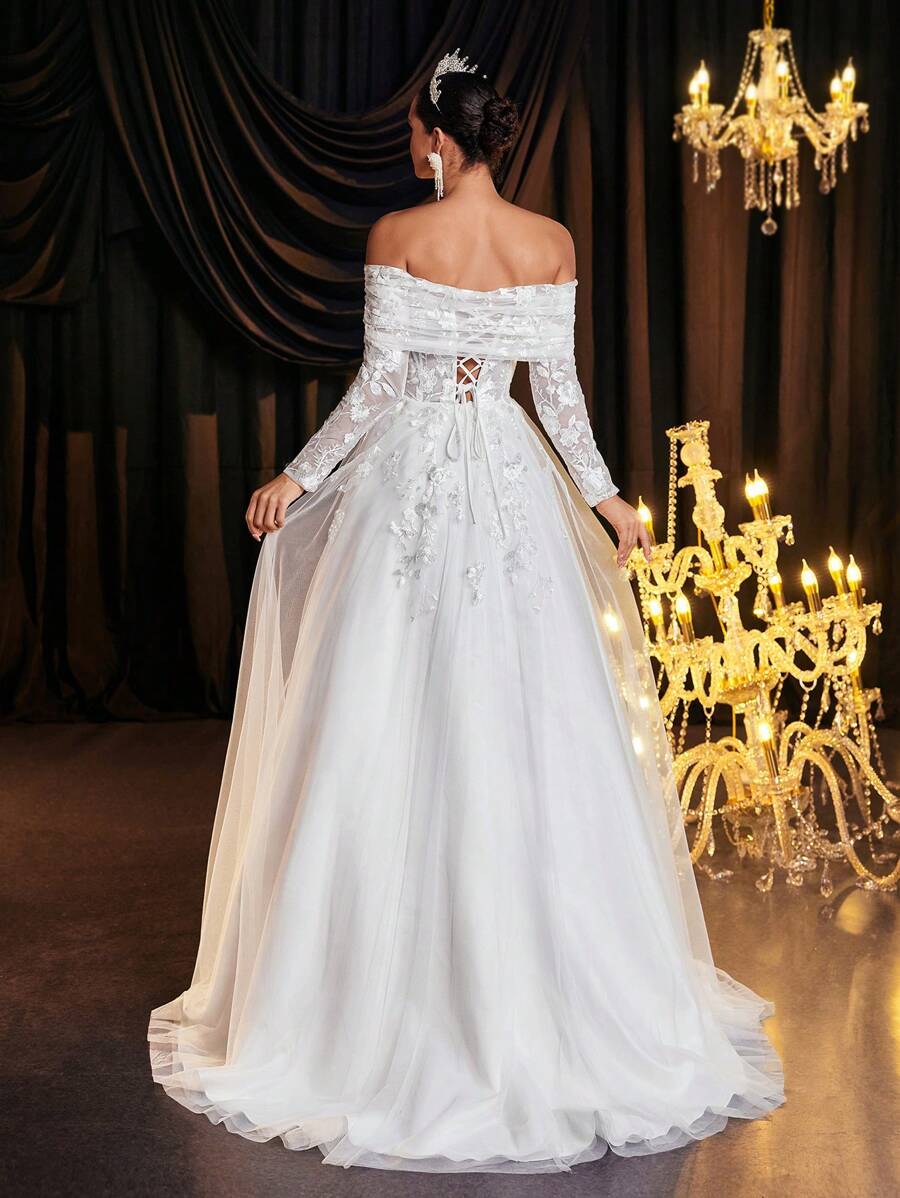 Glamrae 优雅奢华露肩透明长袖刺绣蕾丝贴花网眼荷叶边连衣裙，带拖尾，适合婚礼、派对、度假、舞会、宴会（刺绣） - 米色 - 查看 1