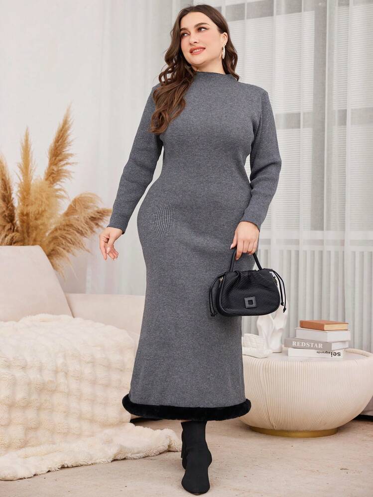 Modelyn Vestido de punto ajustado de talla grande, con elegante bloqueo de color y parches esponjosos, para otoño/invierno - Negro - Añade 4