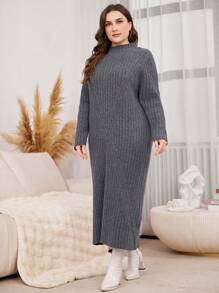 Mulvari Plus Size Solid Color Stand Collar Long Sleeve Casual Knit Dress