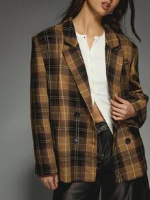 MISSGUIDED Designer Plaid Blazer Double Breasted Fall Winter Wool Oversized Professional Office Wear Business Formal Suit Jacket Coat With Lapel Collar - Brown - View 6