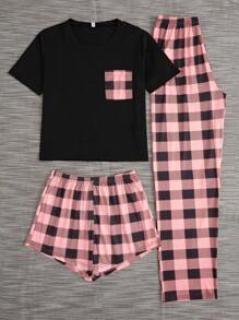 女士格子口袋短袖衬衫和短裤/长裤两件套睡衣套装，休闲 - 彩色 - 查看 7