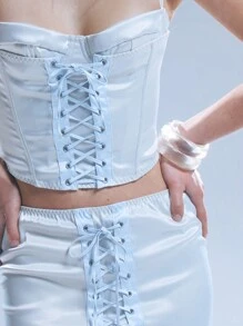 MUSERA Chân váy ngắn corset bằng satin phối ren tương phản, thích hợp cho sinh nhật, phong cách Y2K, mùa hè, kỳ nghỉ, lễ hội, tiệc tùng thanh lịch. - trắng - Xem 5