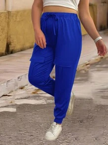 EMERY ROSE Kích thước lớn Màu thuần Cao eo Trở viền Quần Cargo - Màu xanh lam - Xem 6