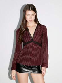 TRNVIE 1 Pc Burgundy Office Commuter Mermaid Chic Striped Print Deep V-Neck Lace Insert Fitted Long Sleeve Blouse, Autumn/Winter Women Shirt Fall Cloth For Women