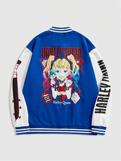 Harley Quinn | ROMWE Veste de baseball imprimée en blocs de couleurs décontractée avec motif de dessin animé, convenant aux activités de plein air en automne