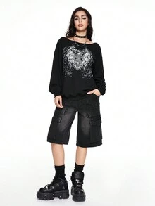 ROMWE Grunge Punk Bead Embellished Off-Shoulder T-Shirt With Iris ...