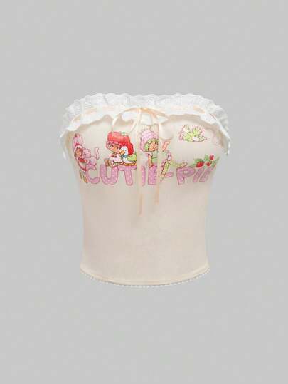 Women's Sweet Cartoon Print Bandeau Top, Suitable For Summer