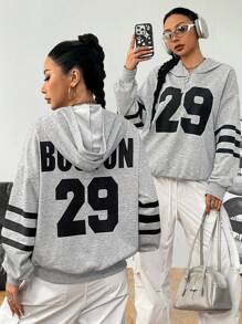 SHEIN EZwear 女士秋季休闲简约数字印花超大连帽运动衫 - 灰色 - 查看 1