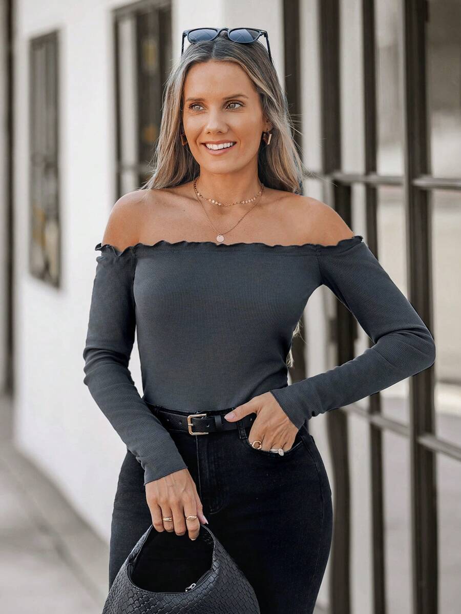 SHEIN LUNE Damska głęboko szara prążkowana koszulka z odkrytymi ramionami - Ciemnoszary - Zobacz 1