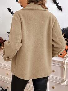 SHEIN LUNE 女士秋冬厚款保暖内衬摩托车夹克，勃艮第红色 - 駝色 - 查看 2