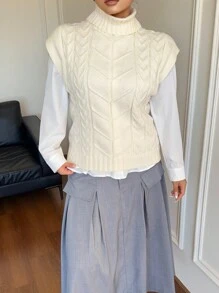 Flirla 加大码纯色高领宽松毛衣背心，休闲日常穿着纹理套头针织毛衣 - 杏色 - 查看 2